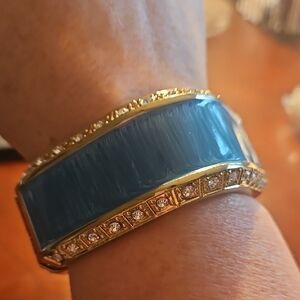 Gold Tone Square Hinged Bangle Bracelet Blue Enamel Band With Rhinestones